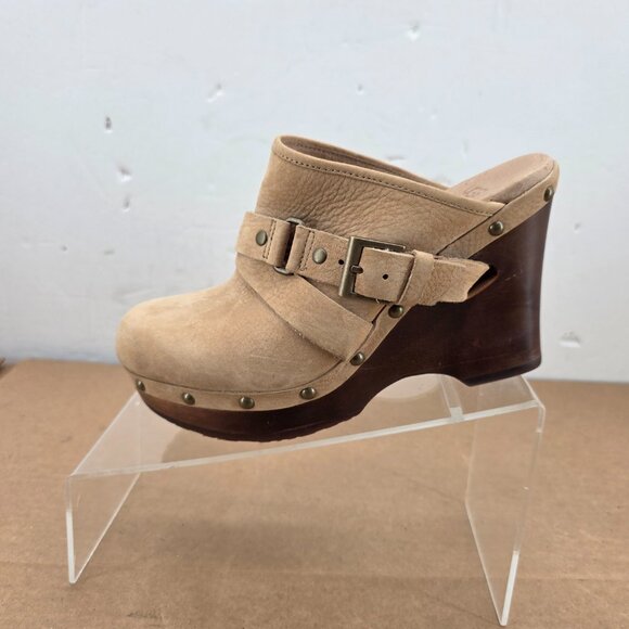 UGG Natalie Platform Wedge Clog Mules Tan Suede Sheepskin Lined Stud Women’s 7 - Picture 12 of 16